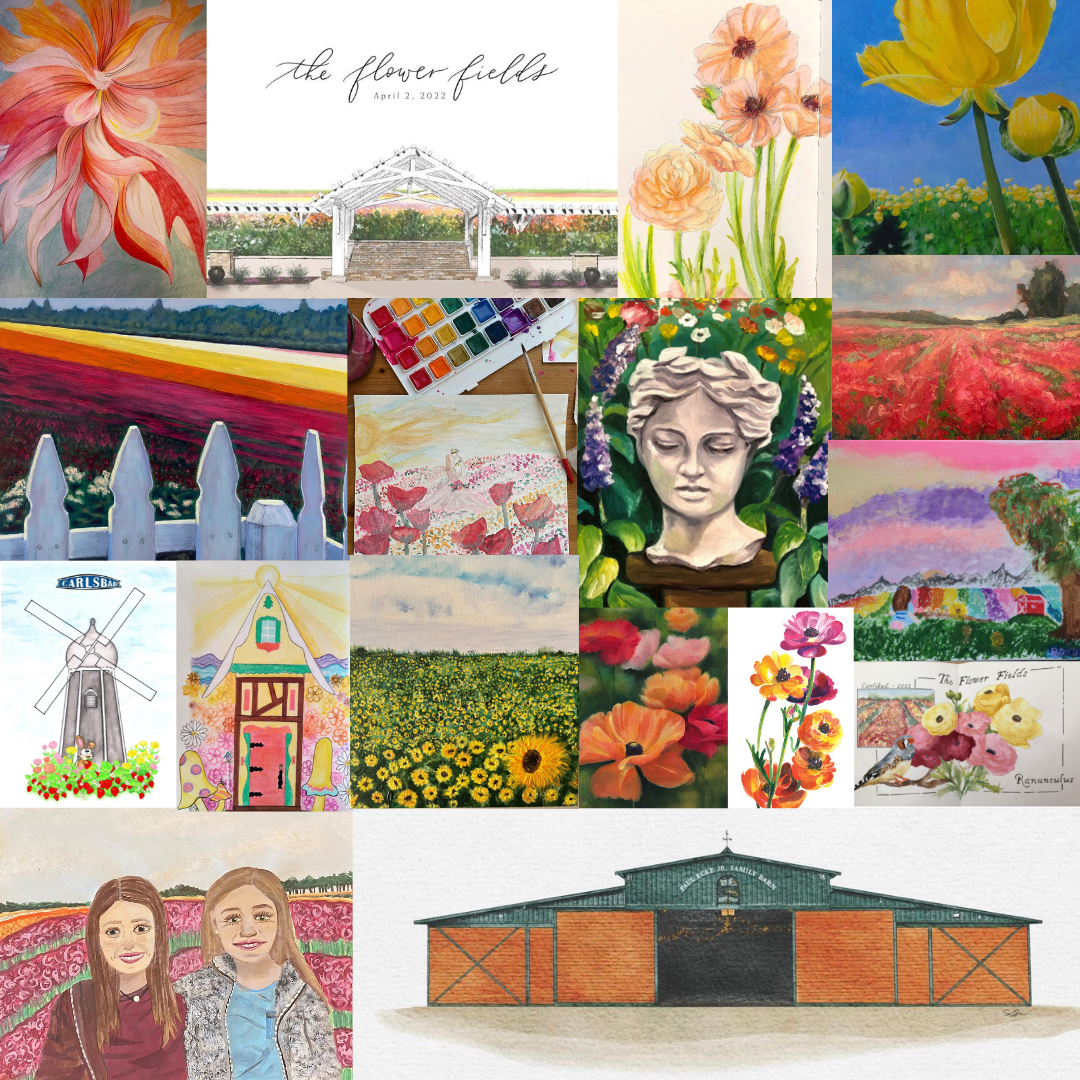 Collage of colorful artworks and floral illustrations inspired by the Flower Fields Carlsbad, featuring poppies, scenic landscapes, and creative interpretations by various artists