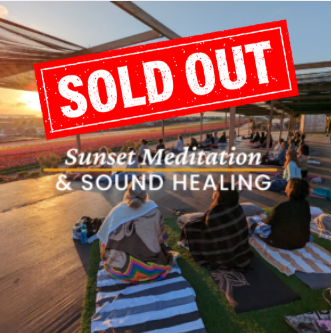 Sold Out Sunset Meditation & Sound Healing event at Flower Fields Carlsbad with attendees enjoying an outdoor wellness experience at sunset.