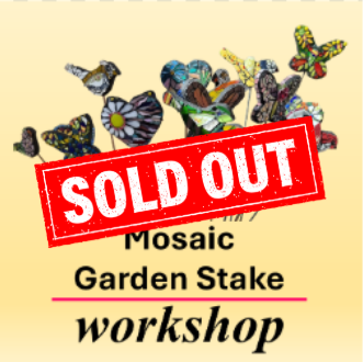 Sold out sign for mosaic garden stake workshop at the flower fields Carlsbad.