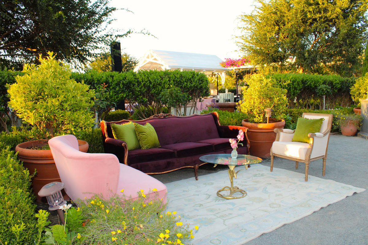 Garden with vibrant colorful sofas on a sunny day at The Flower Fields Carlsbad.